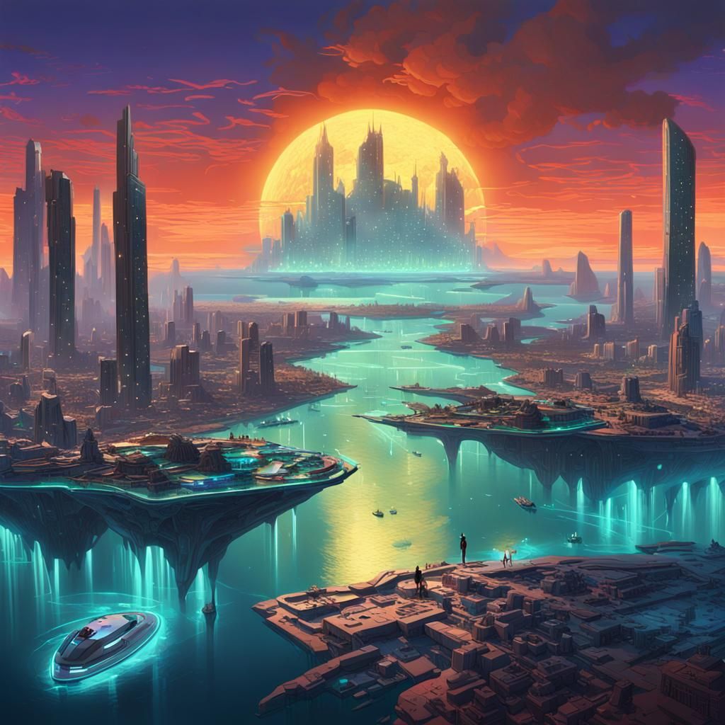 Alien and Human Cities Collide in Neon Glow