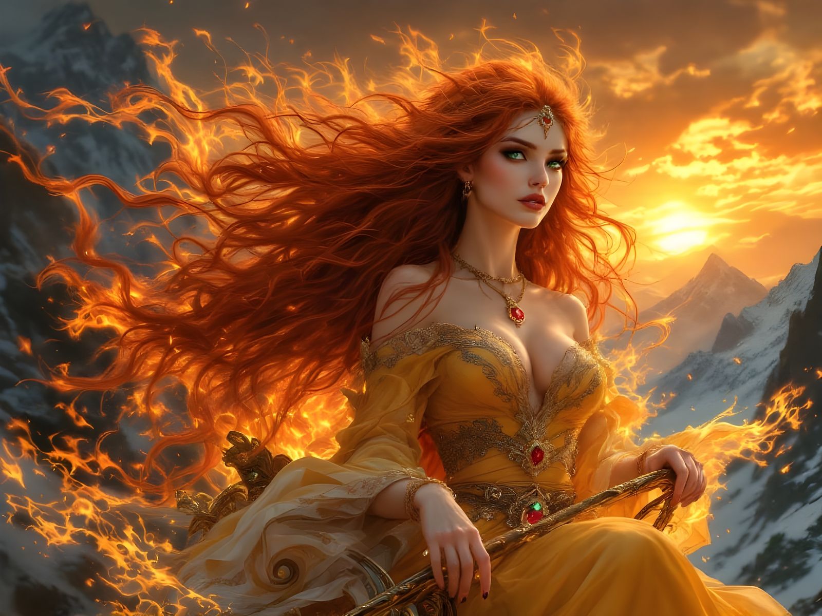 Fiery Sun Goddess in Chariot, Hyperrealistic Oil Painting