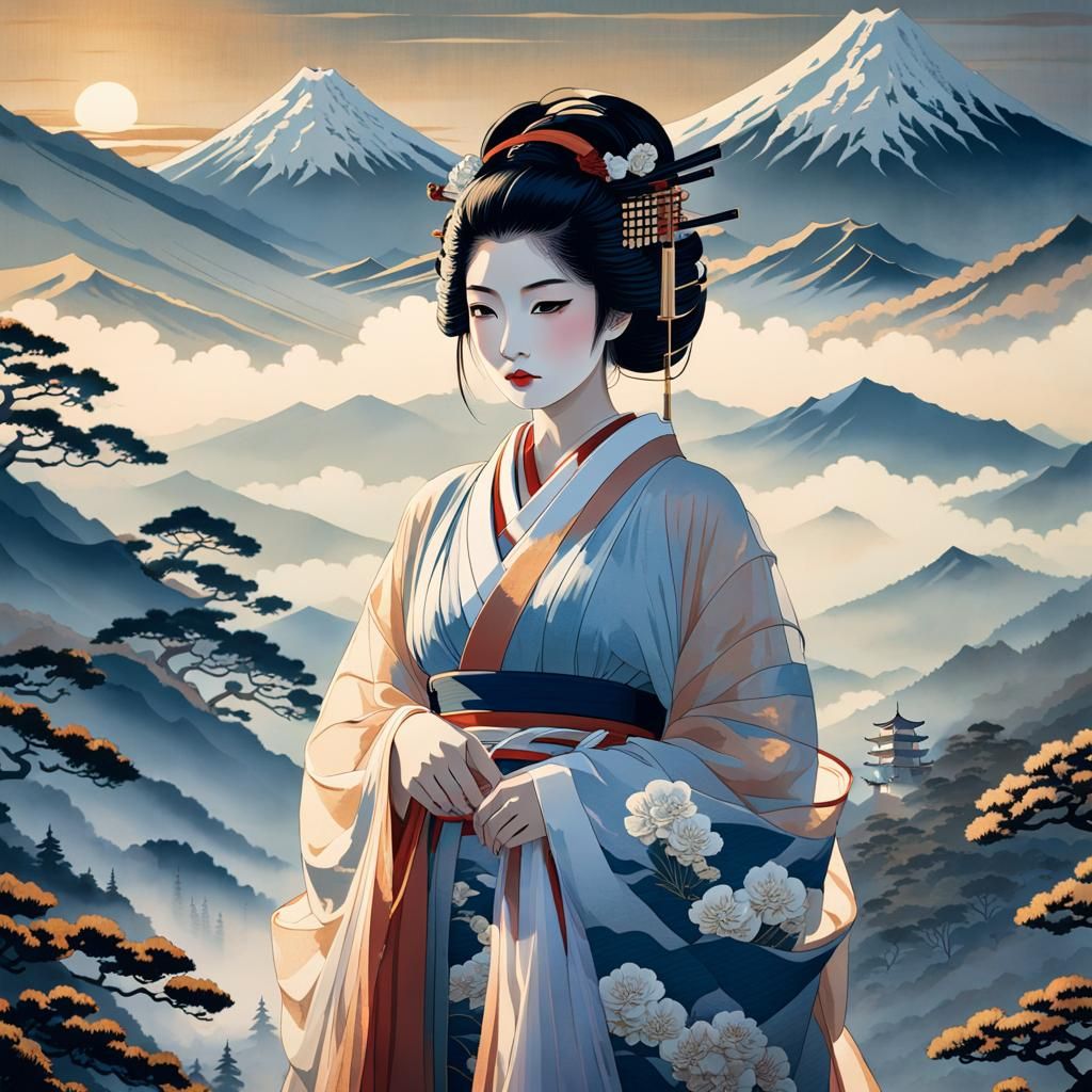Geisha in Misty Mountains: Ukiyo-e Style Portrait