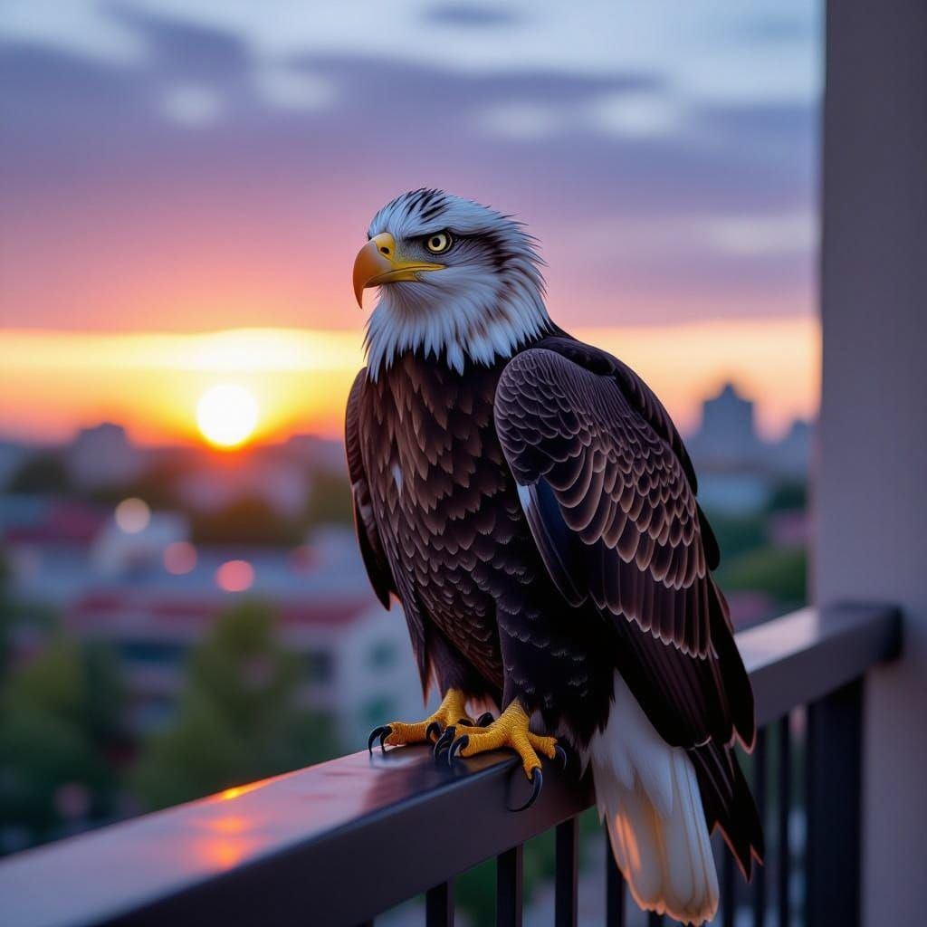 Bald Eagle Perched on Balcony in Hyperrealistic Detail