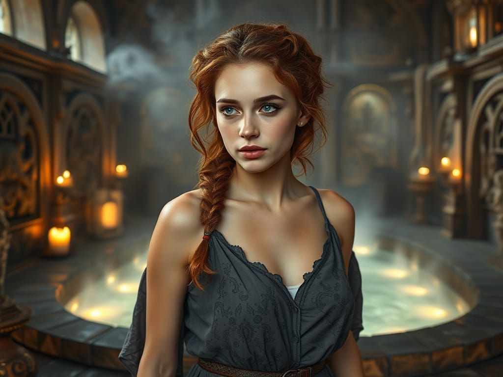 Medieval Maiden Approaches Mystical Pool in a Dreamlike Scen...