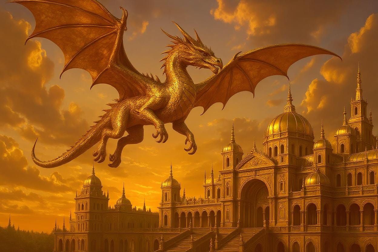 Golden Dragon Palace at Sunset in Hyper-Detailed 8K