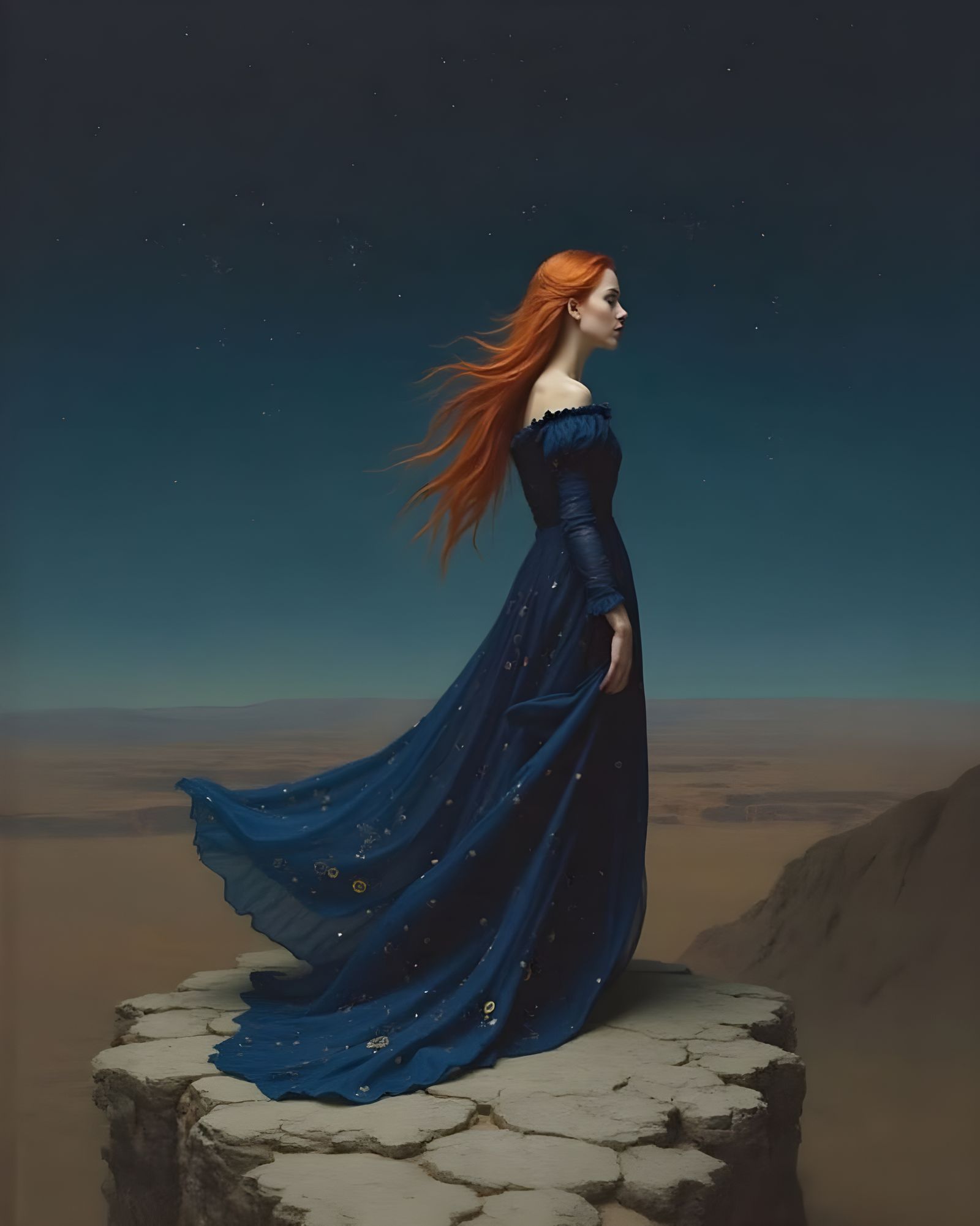Woman in Starlit Desert, Inspired by Dutch Masters
