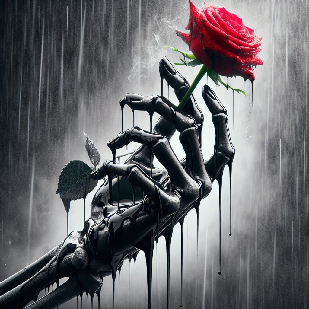 Skeletal Hand Holding Rose in Rainy Grayscale