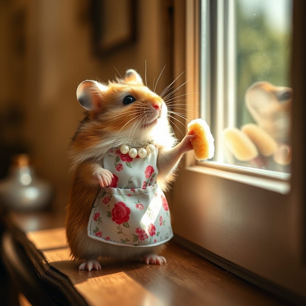 Hamster Housewife Cleans Windows, Professional Photography