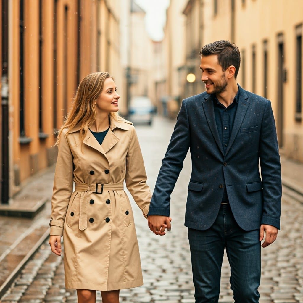 Stylish Couple Strolls in Rainy European Street