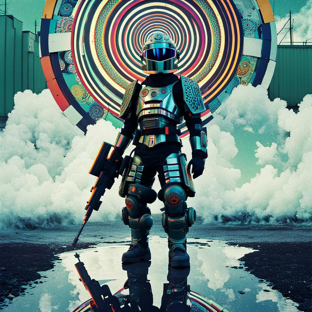 Psychedelic Anime Hero in Retro Mecha Armor