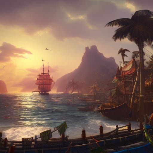 Pirate Harbor Concept Art in Tropical Setting