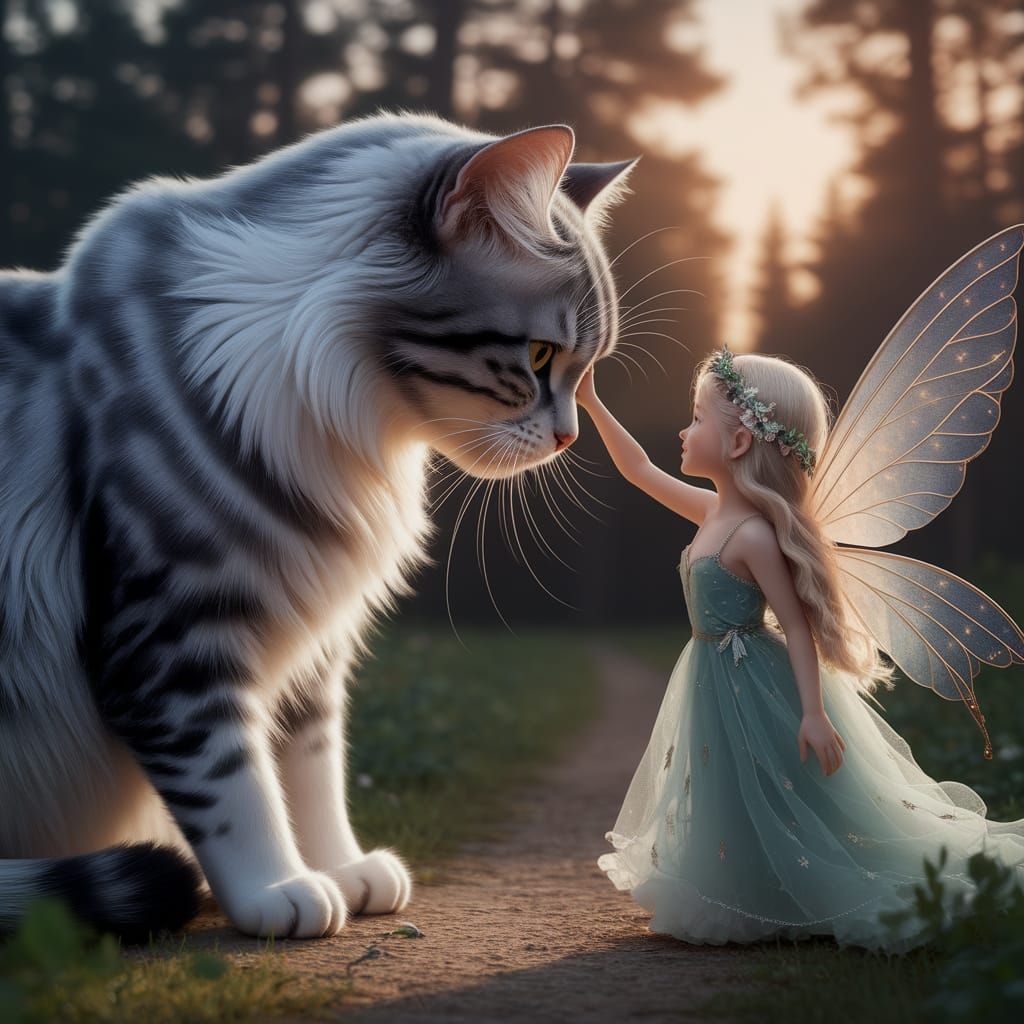 Sleek Grey Cat and Miniature Fairy Share a Tender Moment in ...