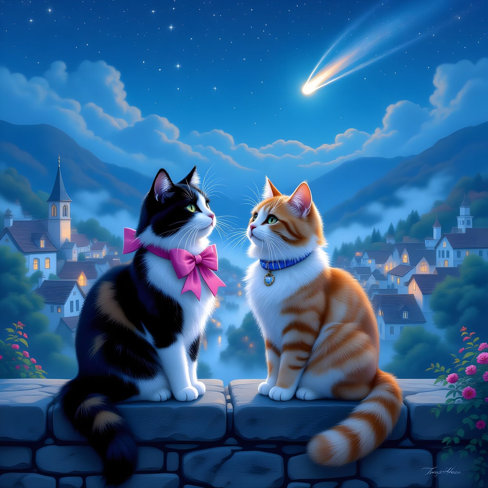Calico Cat and Tabby Under Night Stars