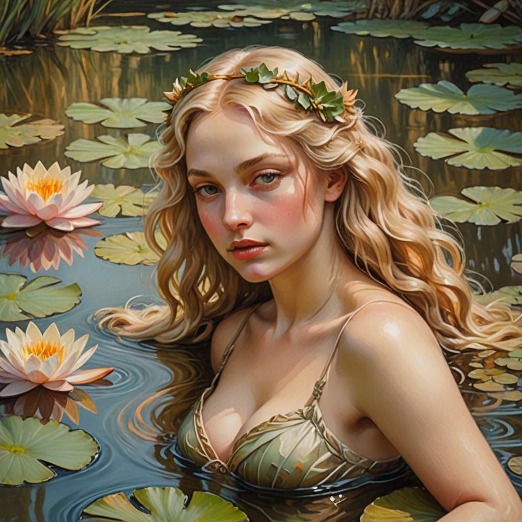 Pre-Raphaelite Nymph in River, Oil Painting
