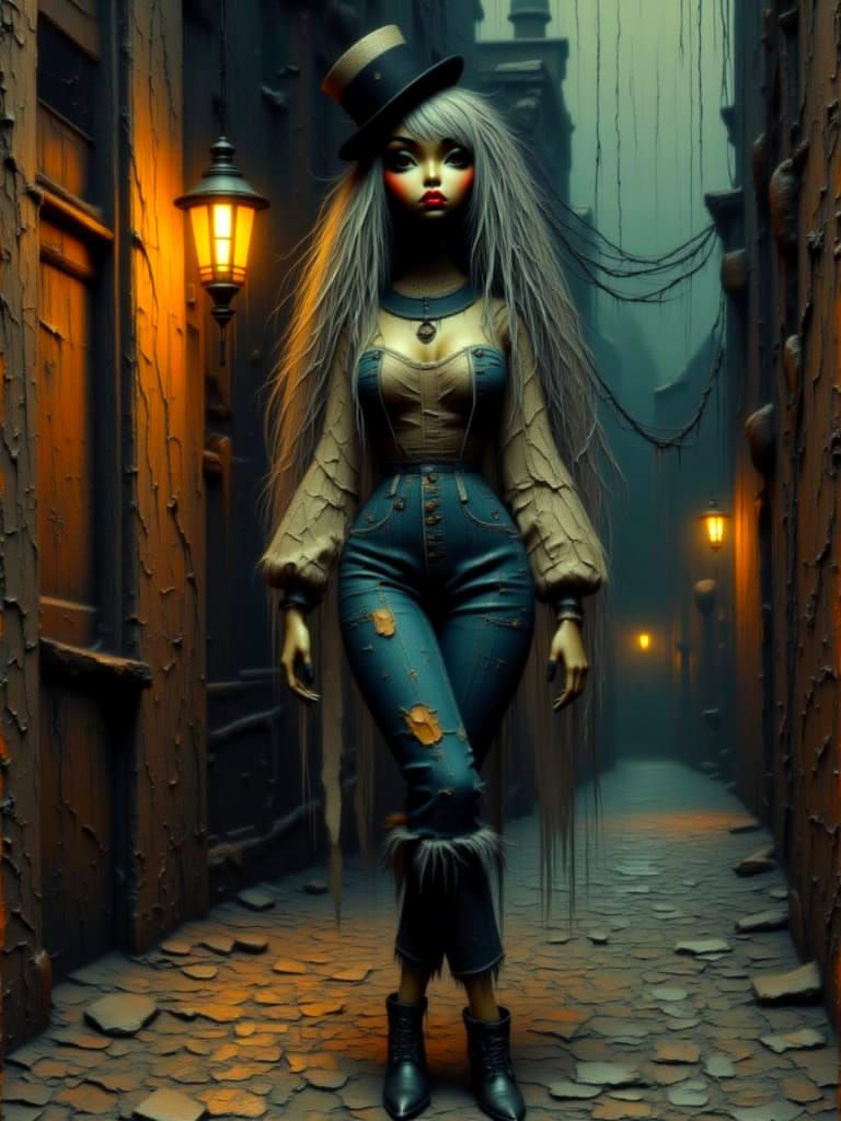 Burtonesque Gothic Fantasy: Oil Painting of Rag Doll Woman