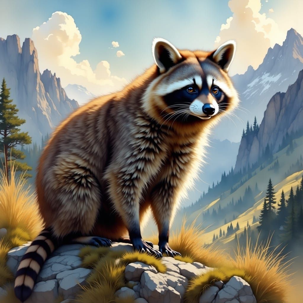 Realistic Mountain Raccoon Portrait in Painterly Style