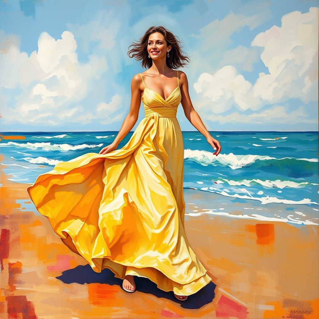 Woman in Flowing Gown: Impressionist Beach Masterpiece