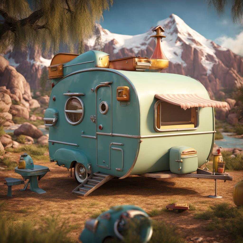 A 1950s pull behind camper trailer. detailed matte painting,...