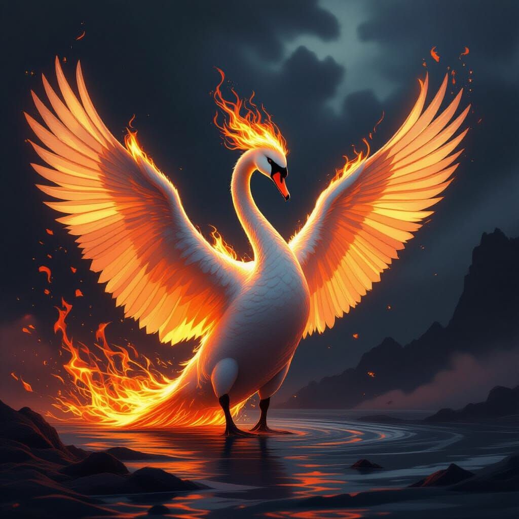 Majestic Fire Swan in Stormy Sky
