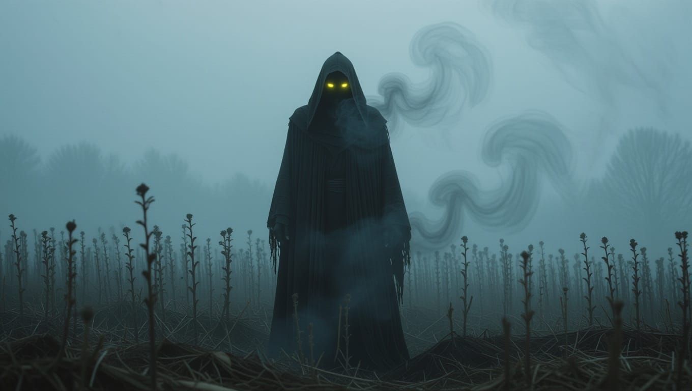 Ethereal Warrior Emerge from Fog in a Desolate Landscape