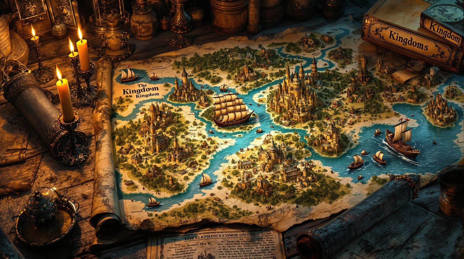 Fantasy Map with Miniature Kingdom and Sailing Boats