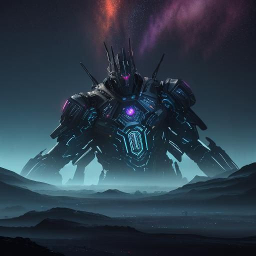 Futuristic Anthropos in Neon-Lit Celestial Cityscape