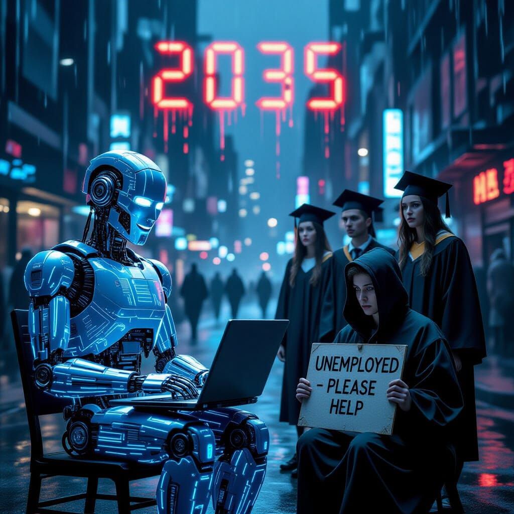 Dystopian Cyberpunk Future: Robot Worker & Unemployed Man
