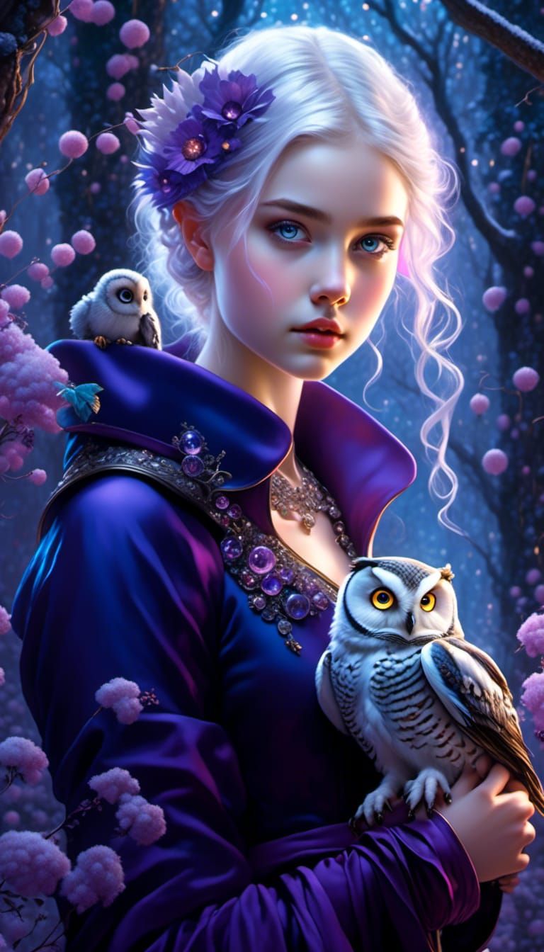 Enchanted Woman with Owl in Winter Forest