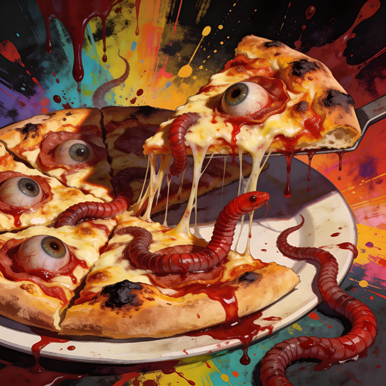 Horrifying Pizza with Eyeballs and Blood in Splash Art Style