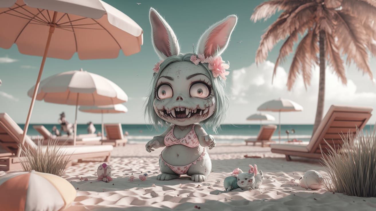 Cute Zombie Bunny in Beach Attire, Kawaii Vampire Bunny Lady