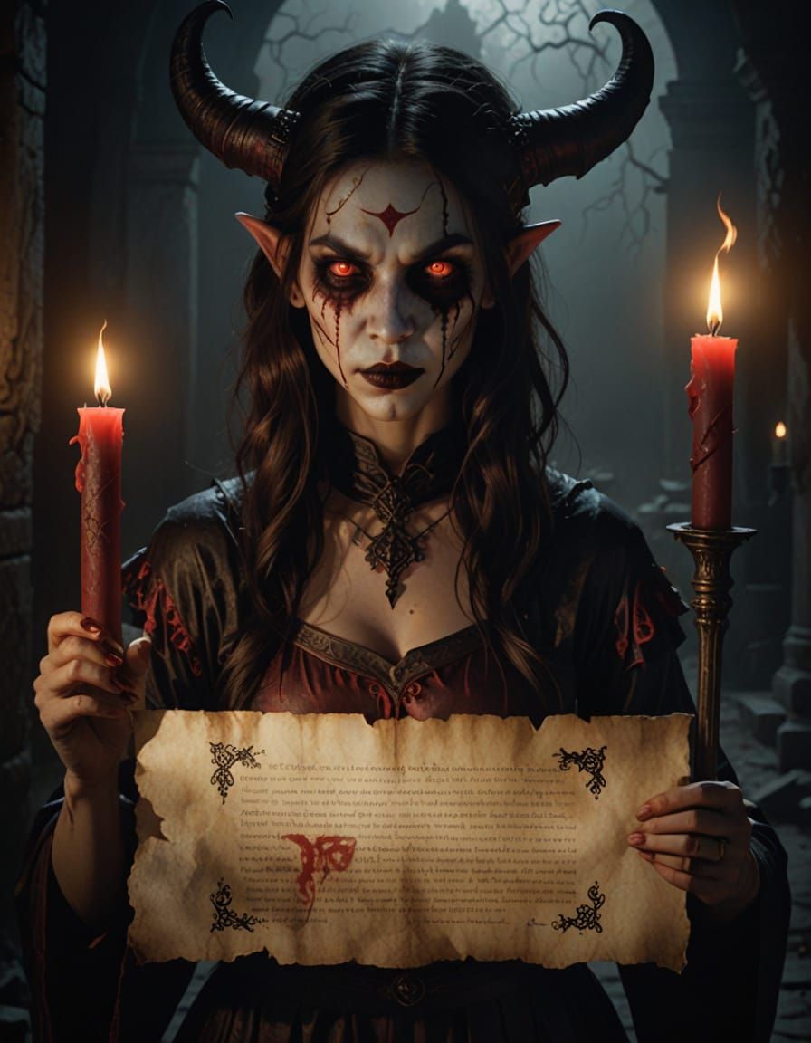 Ethereal Demoness Holds Mysterious Scroll in Dimly Lit Atmos...