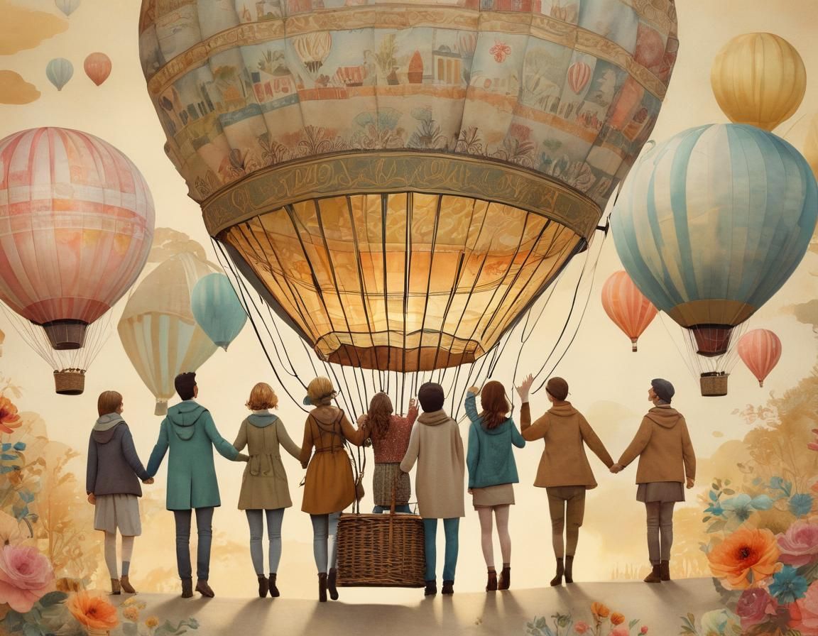 Whimsical Friends Admire Vintage Hot Air Balloon in a Classi...