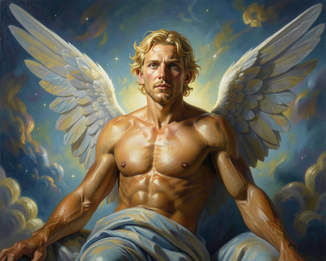 Blonde Angel in Dreamlike Chiaroscuro Oil Painting