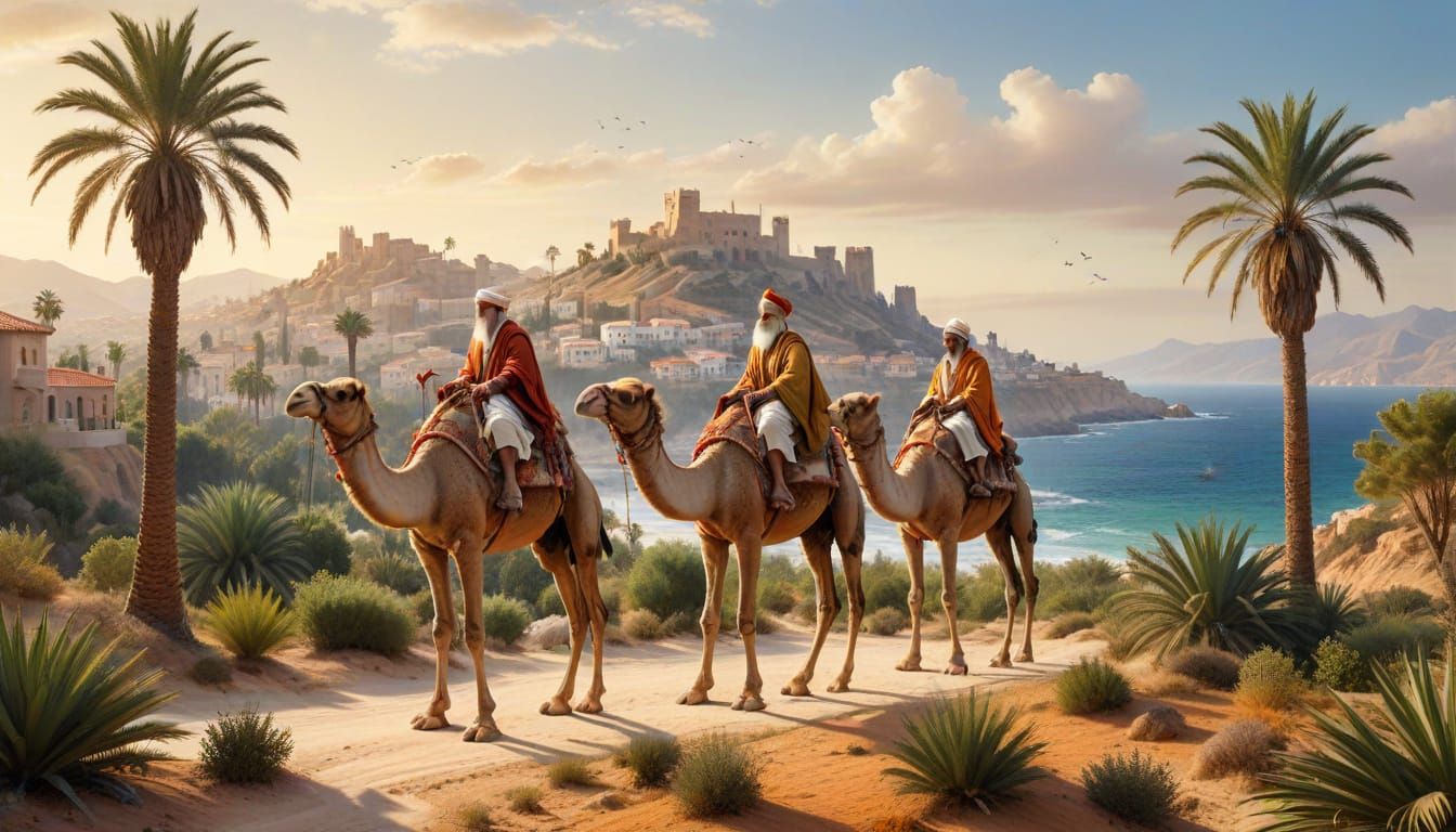 Three Wise Men on Camels in Mediterranean Christmas Scene