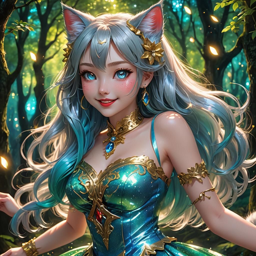 Cat Girl in Enchanted Forest with Neon Lighting