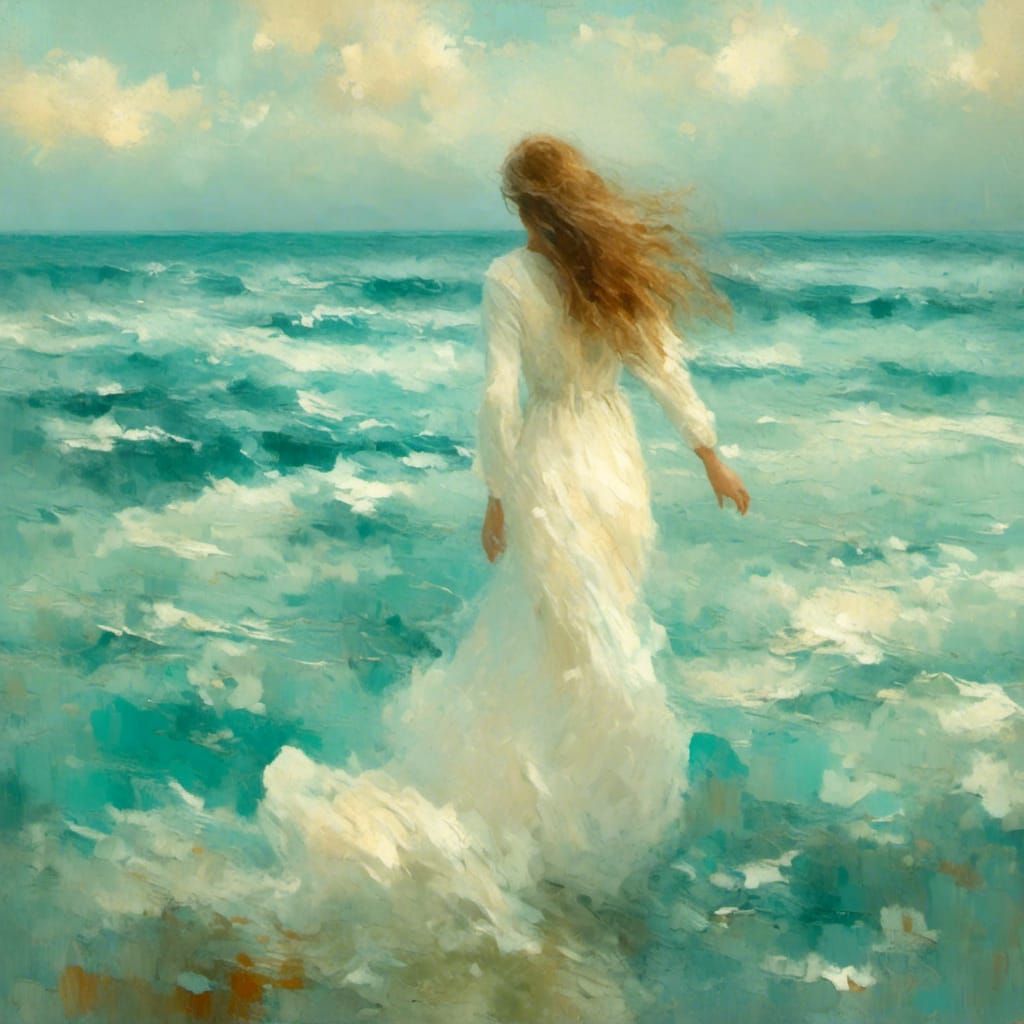 Woman Flies Over Ocean in Impressionist Style