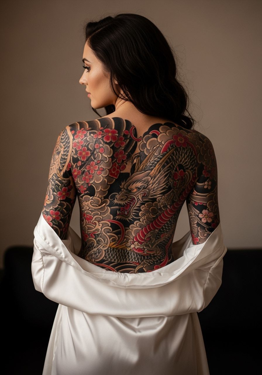 Woman with Japanese Tattoo in Silk Gown