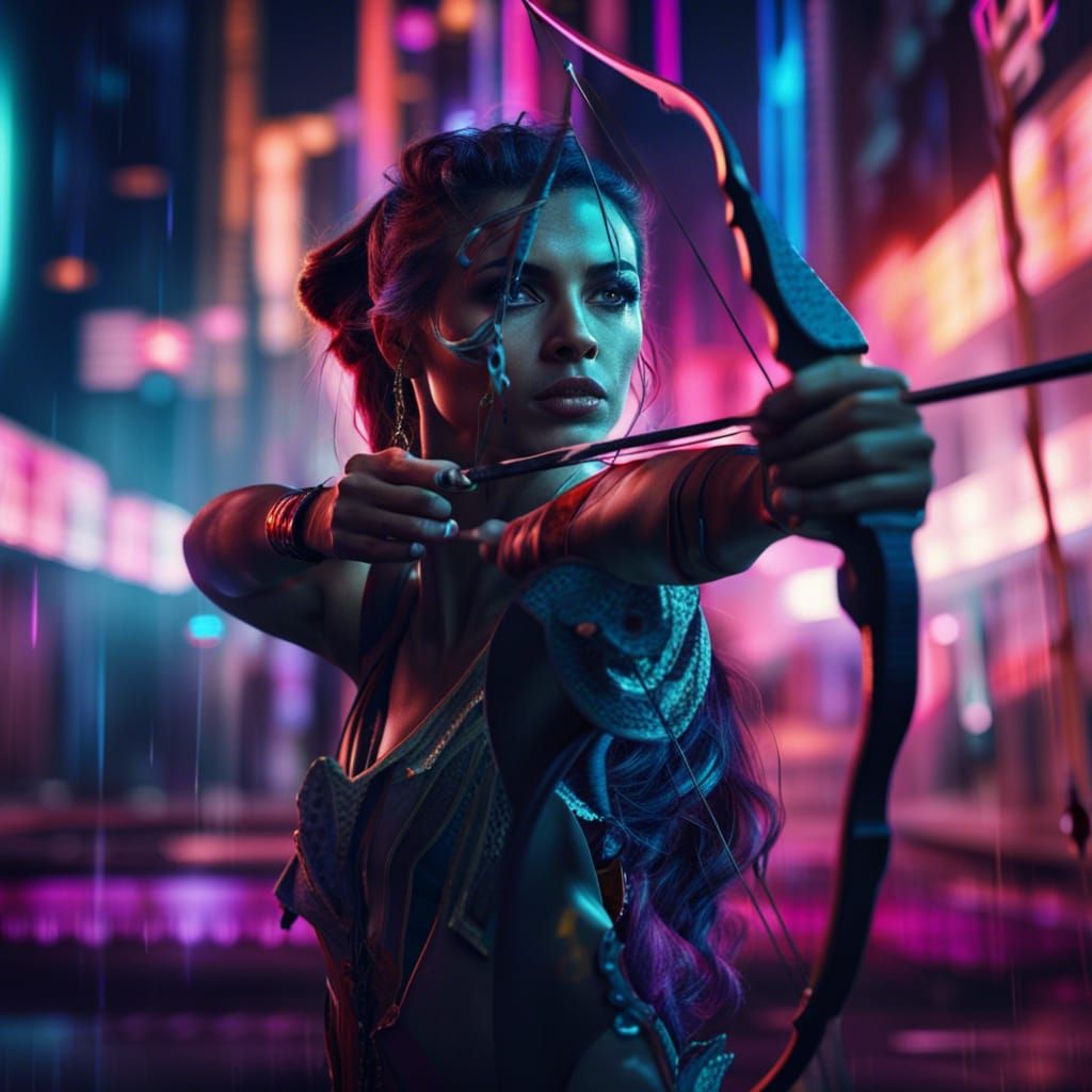 Neon City Archer: A Detailed Matte Painting