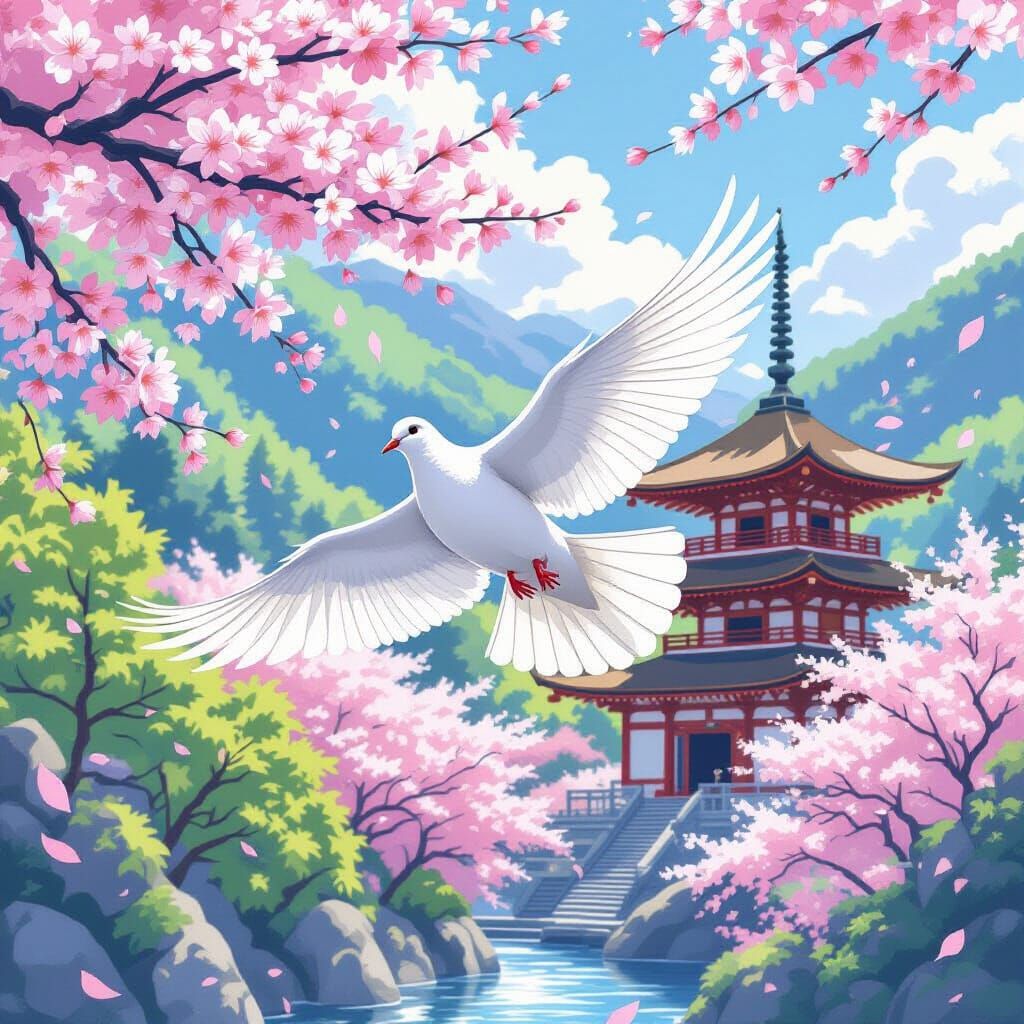 Dove Soaring Over Temple in Anime Style