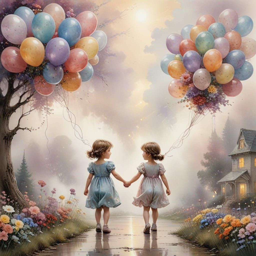 Toddler Siblings Holding Hands With Balloons in Soft Waterco...