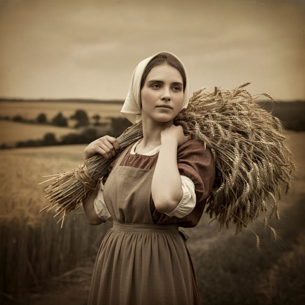 Vintage-Style Peasant Woman with Wheat Sheaf