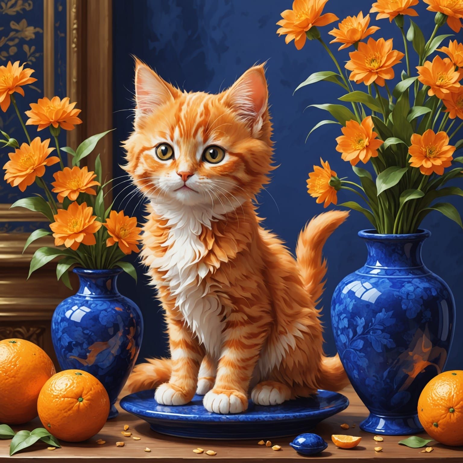 Orange Kitten with Lapis Vases in Anime Style