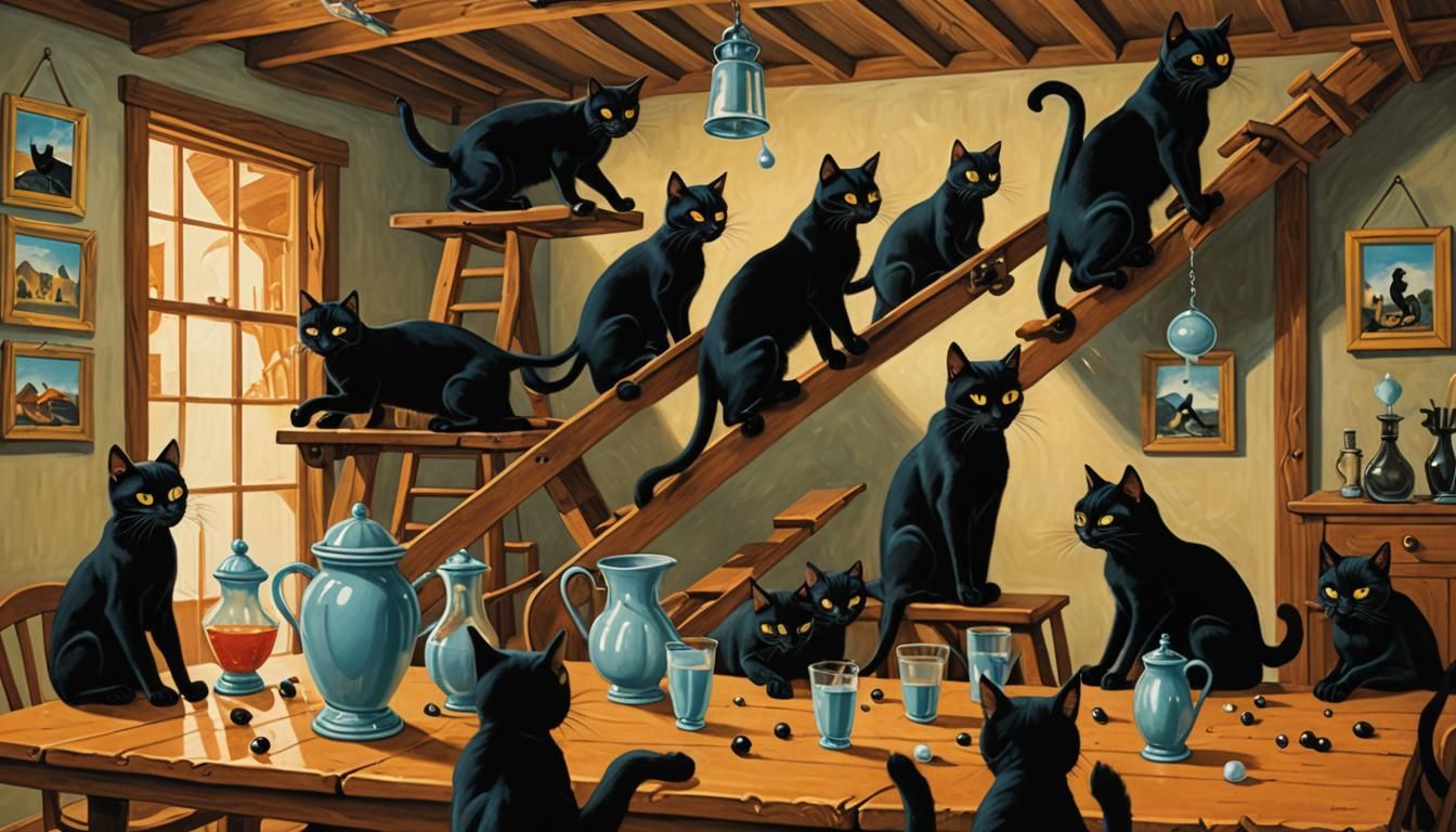 Surreal Black Cats Under Ladder: Mystical Painting