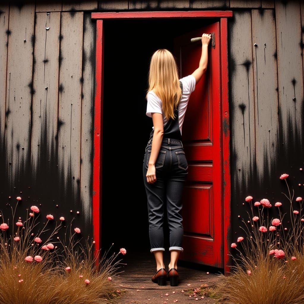 Woman Paints Red Door in Rustic Landscape
