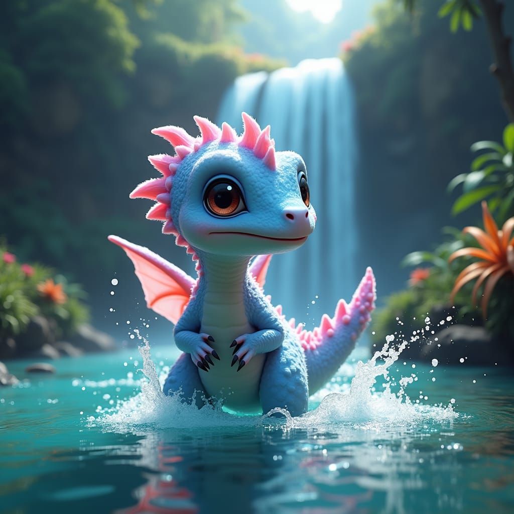 Fluffy Baby Dinosaur Splashing in Waterfall