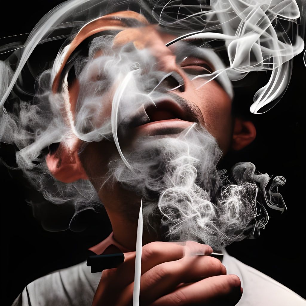 Portrait of a man blowing a puff of smoke: art on chalkboard: chalky lines: black ink flow: neon lines: 8k resolution ph...
