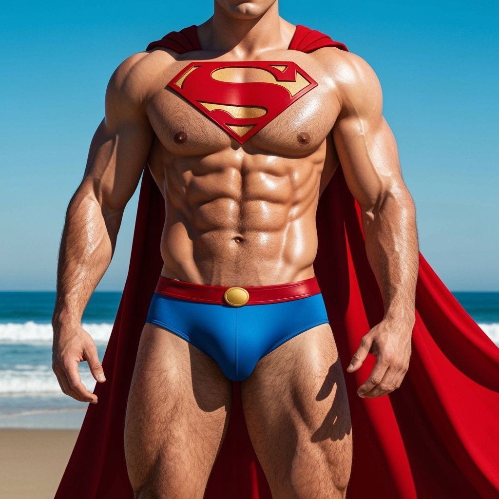 Superman on Beach in Swim Briefs