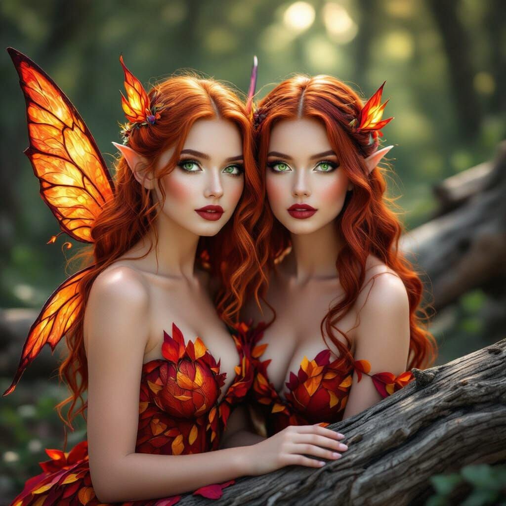 Hyperrealistic Forest Fairies with Fire and Rain Elements