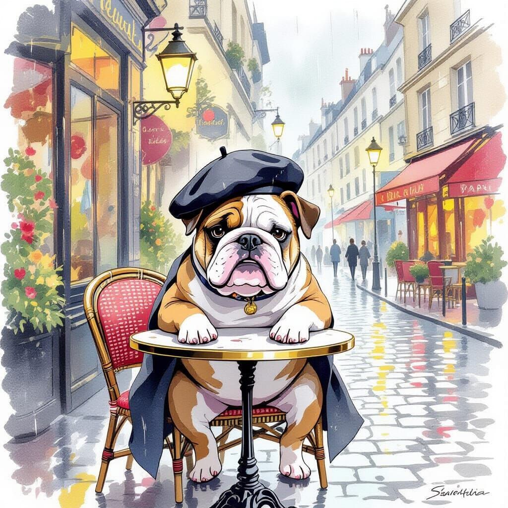 Bulldog in Beret at Parisian Cafe