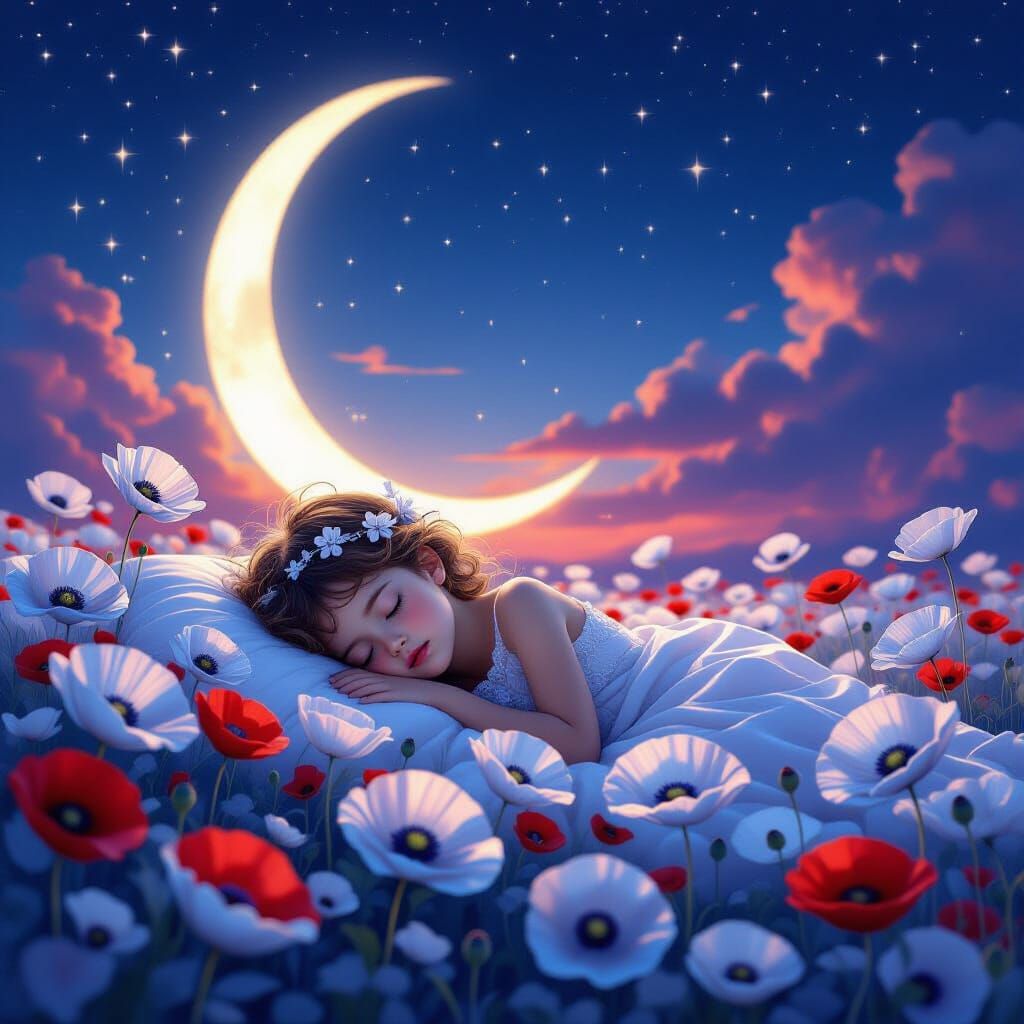 Celestial Child Dreams Amidst Silver Poppies and Stars