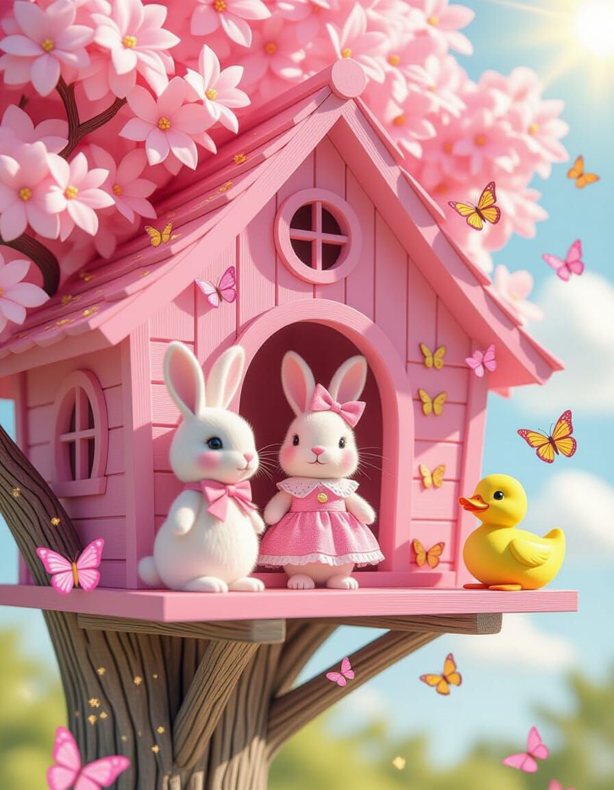 Pink Treehouse with Butterflies in 3D Style