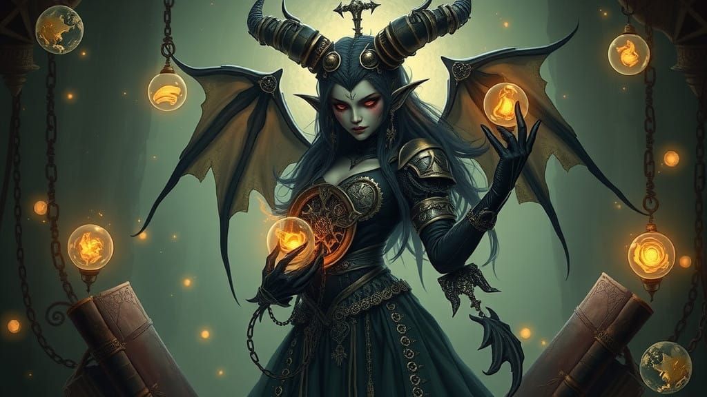 Ethereal Demon Goddess in Dark Academia Steampunk Setting