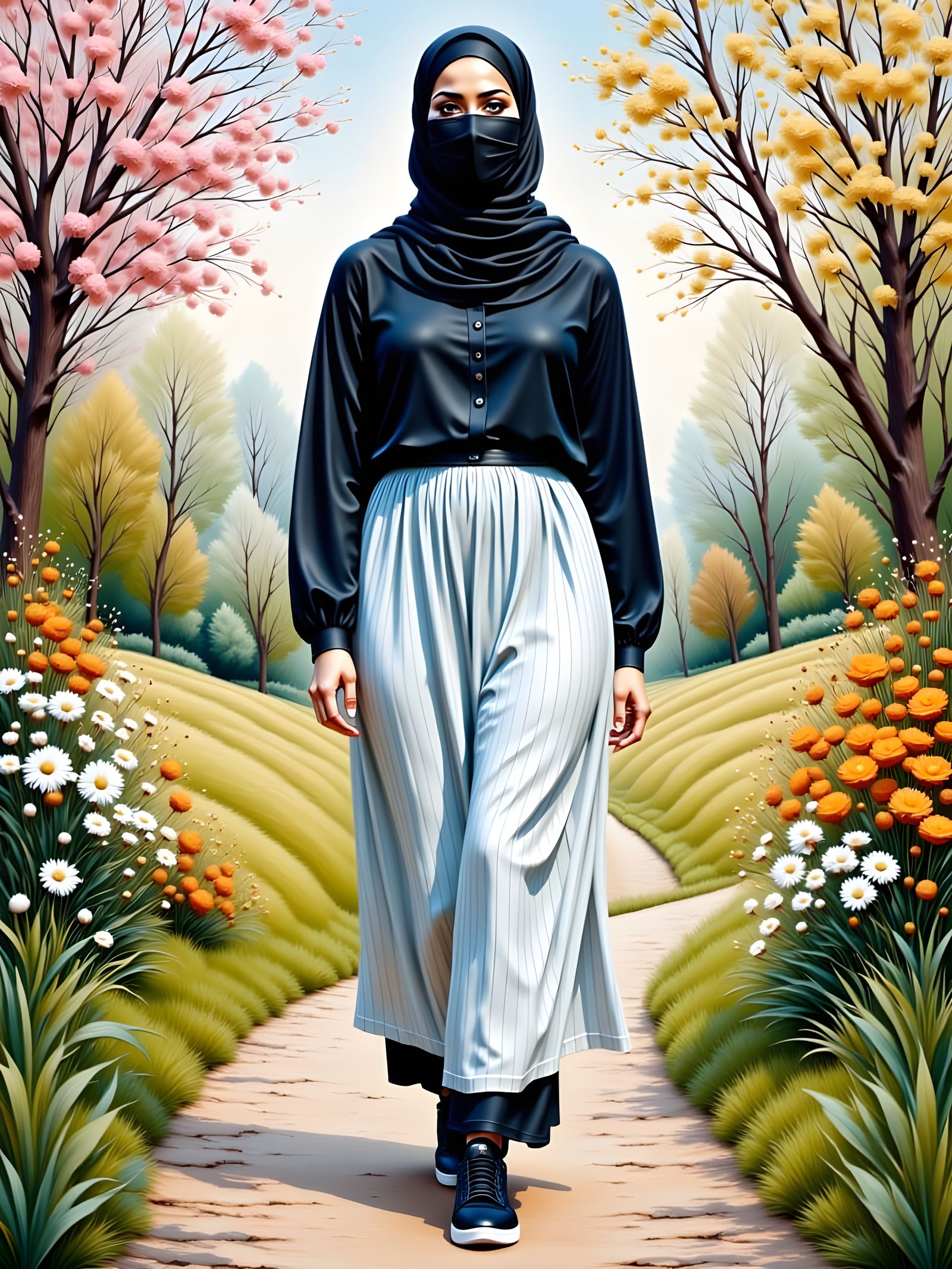 Hijabi Woman in Ornate Landscape Painting